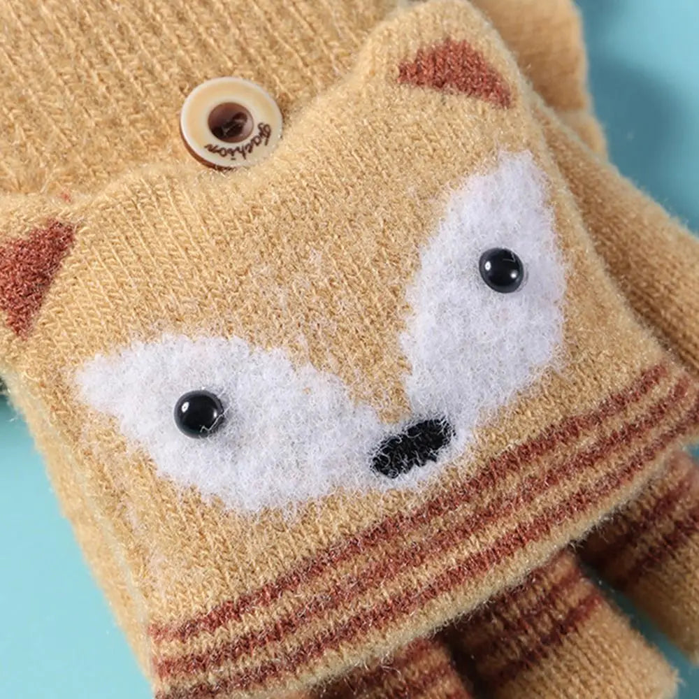 Flip Fingerless Gloves Autumn Winter Children Knitted Gloves Cute Cartoon Fox Warm Half-Finger Gloves