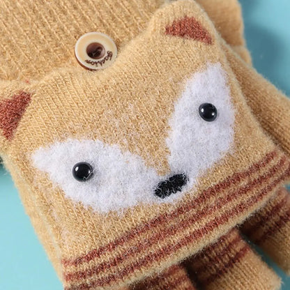 Flip Fingerless Gloves Autumn Winter Children Knitted Gloves Cute Cartoon Fox Warm Half-Finger Gloves