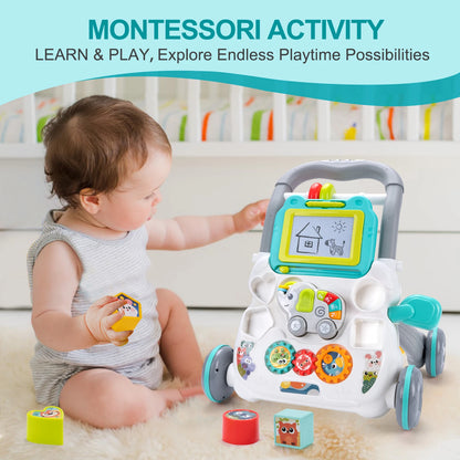 Baby Cartoon Push Walker Toys with Music Drawing Board Multifunction Activity Learning Walk Toddler Walker for 12M+ Infants