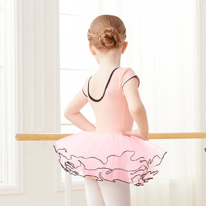 Girls Pink Ballet Leotard with Tutu Short Sleeve Dance Bodysuit for Toddler Girls Cotton Ballerina Wear