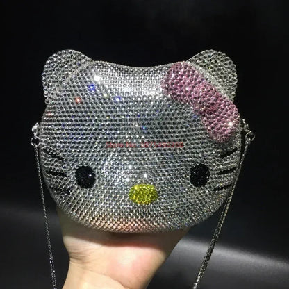 Hello Kitty Anime Cartoon Shape Rhinestone Cartoon Full Of Diamonds Dinner Bag Handmade Diamond-set Lady's Clutch Christmas Gift