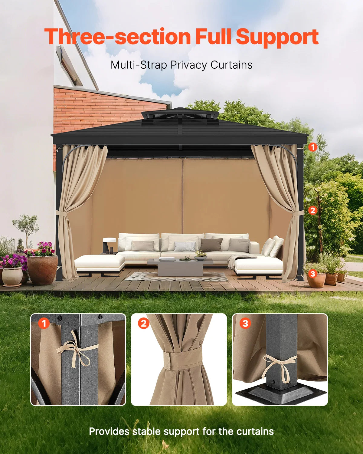 VEVOR Gazebo Curtains 4-Panel Sidewall Gazebo Privacy Curtains with Zippers Universal Sunshade Curtains Replacement for Patio