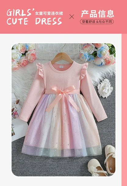 Girls Dress Blue Autumn Princess Dress Kids Clothes Birthday Party Dress Pink Long-sleeved for Children Fashion Rainbow 1-6Y