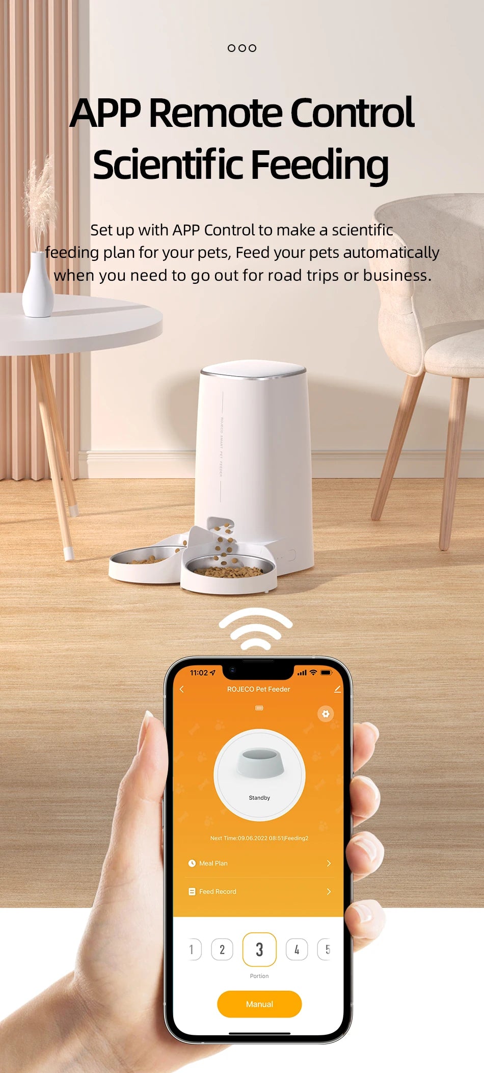 ROJECO WiFi Smart Pet Feeder — Automatic Cat & Dog Food Dispenser with App Control