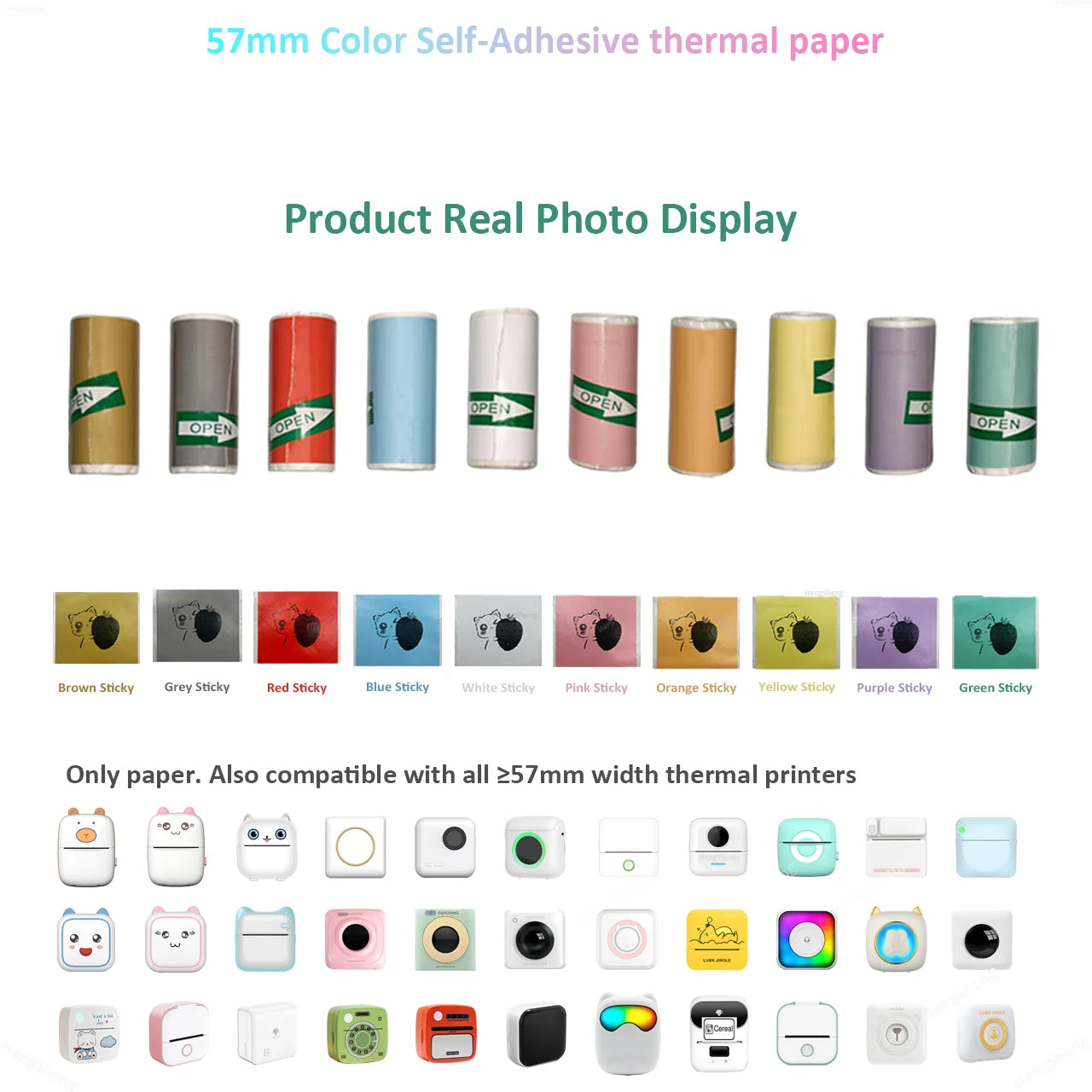 Color Label Sticker Mini Printer Thermal Paper 57mm 10ft Self-adhesive Thermal Printing Paper For Inkless Printing Photo Picture