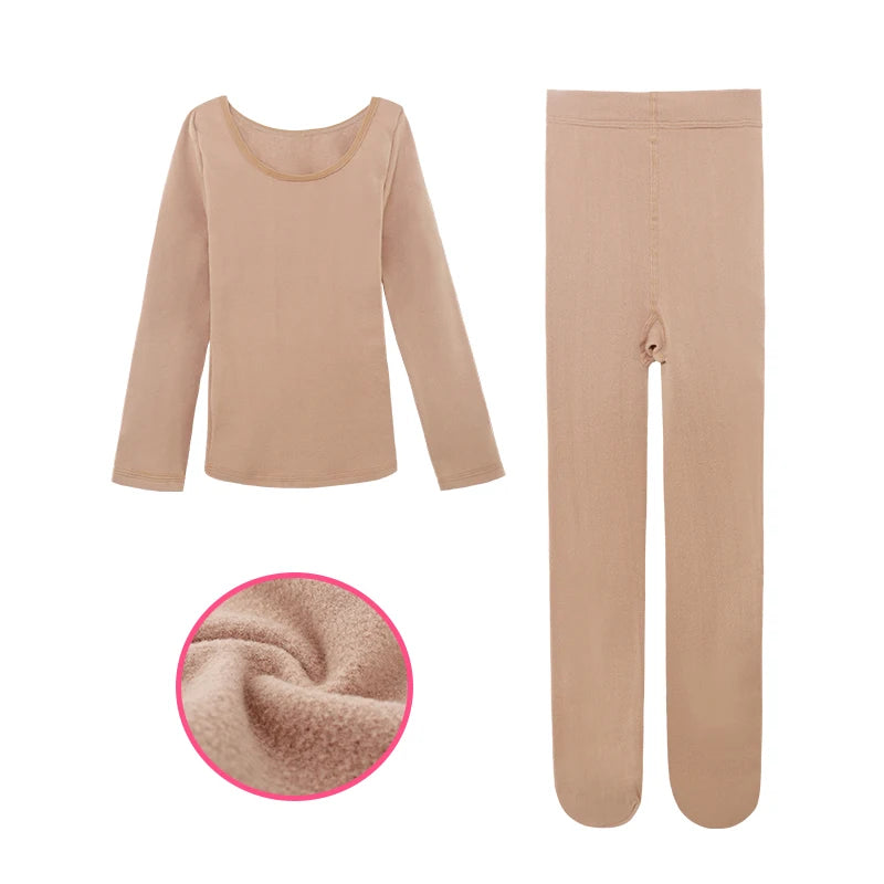 Girls Thermal Underwear Suits Nude Stretch Ballet Underwear Set Dance Tights Leotard for Winter