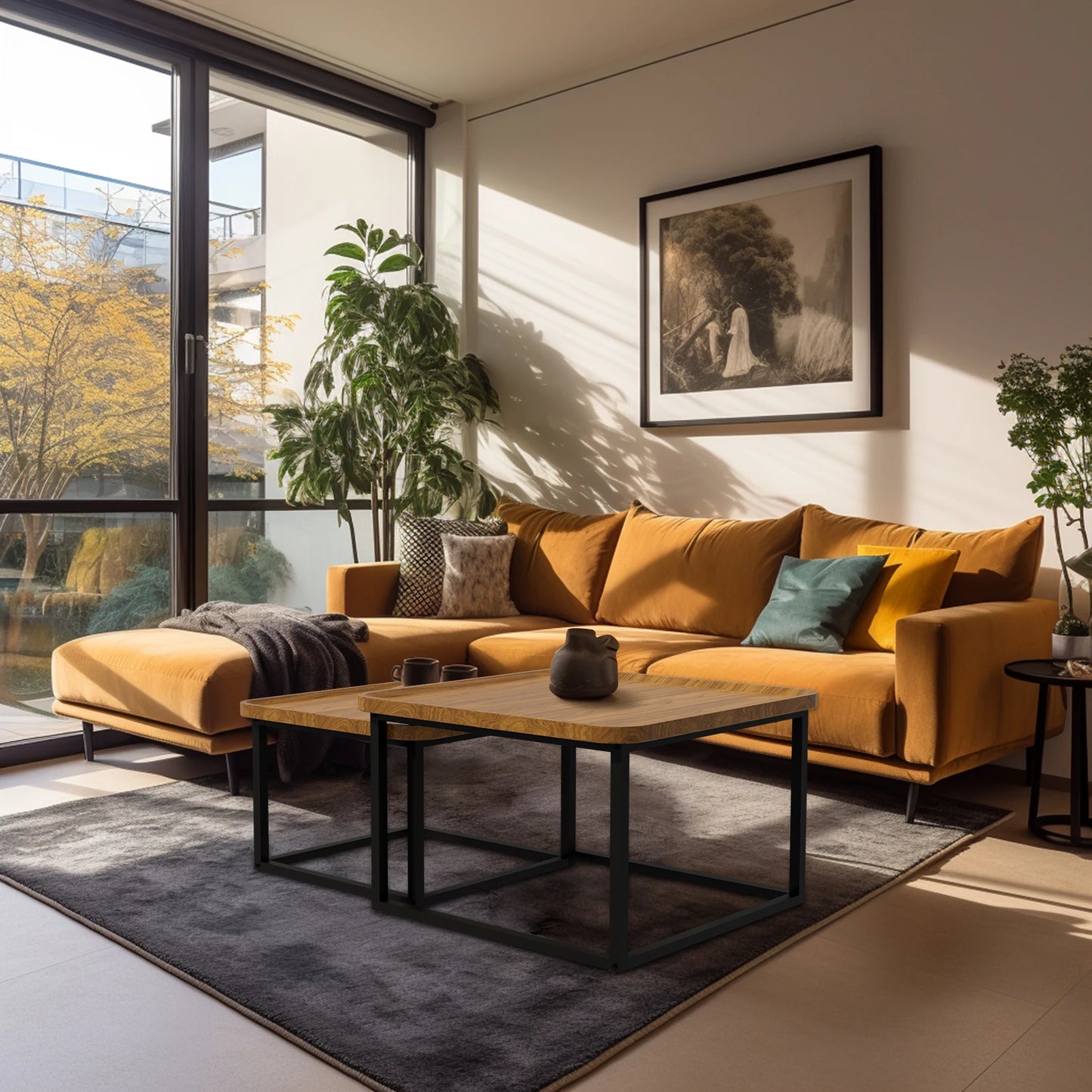 Industrial Coffee Table Set, Stacking Vintage Side End Table, Space Saving, Office Living Room Furniture, 2Pcs