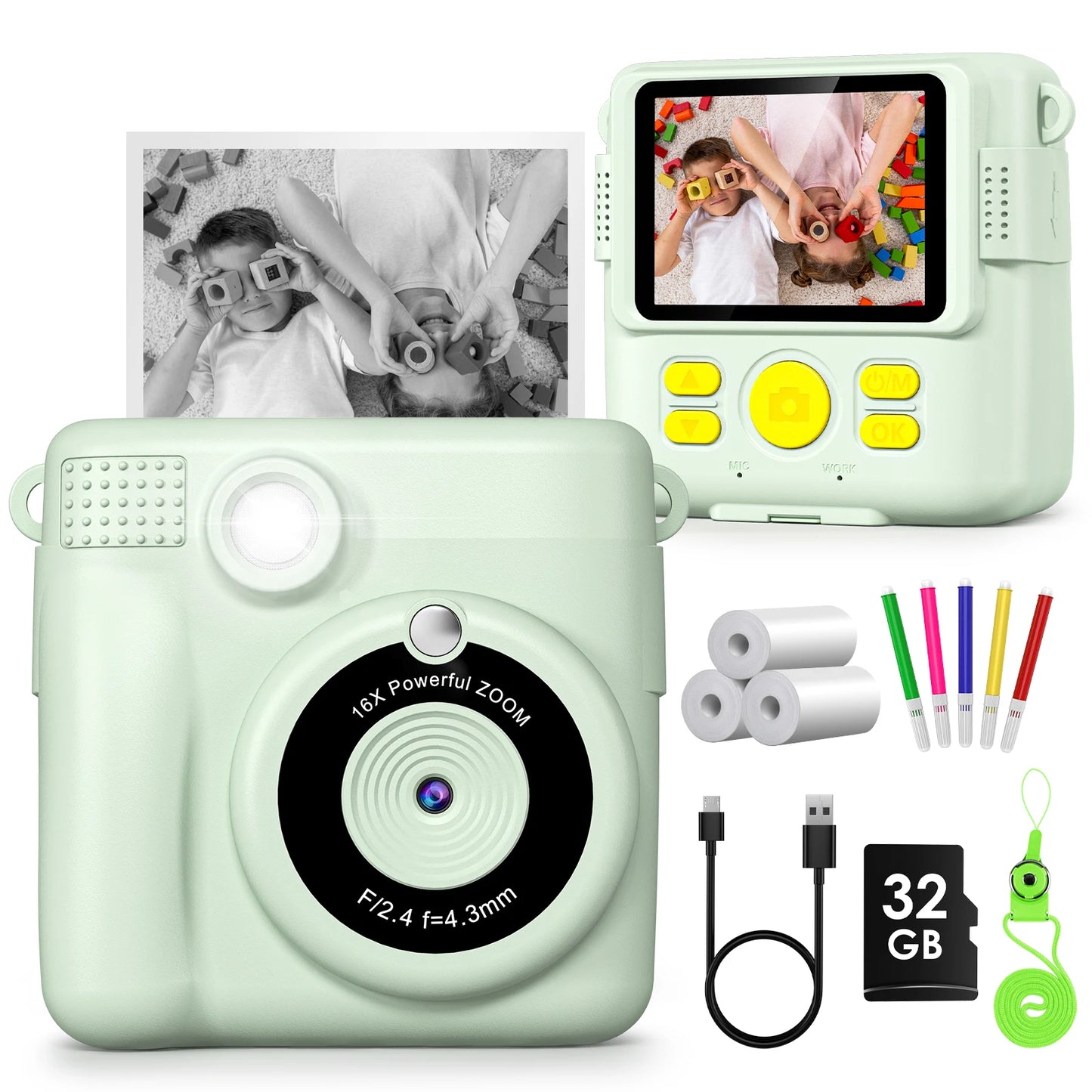 Kids Digital Camera 2.4" 1080P HD Video Camera Portable Instant Print Camera with 32GB Card, Birthday Gift for Boys Girls 3-12