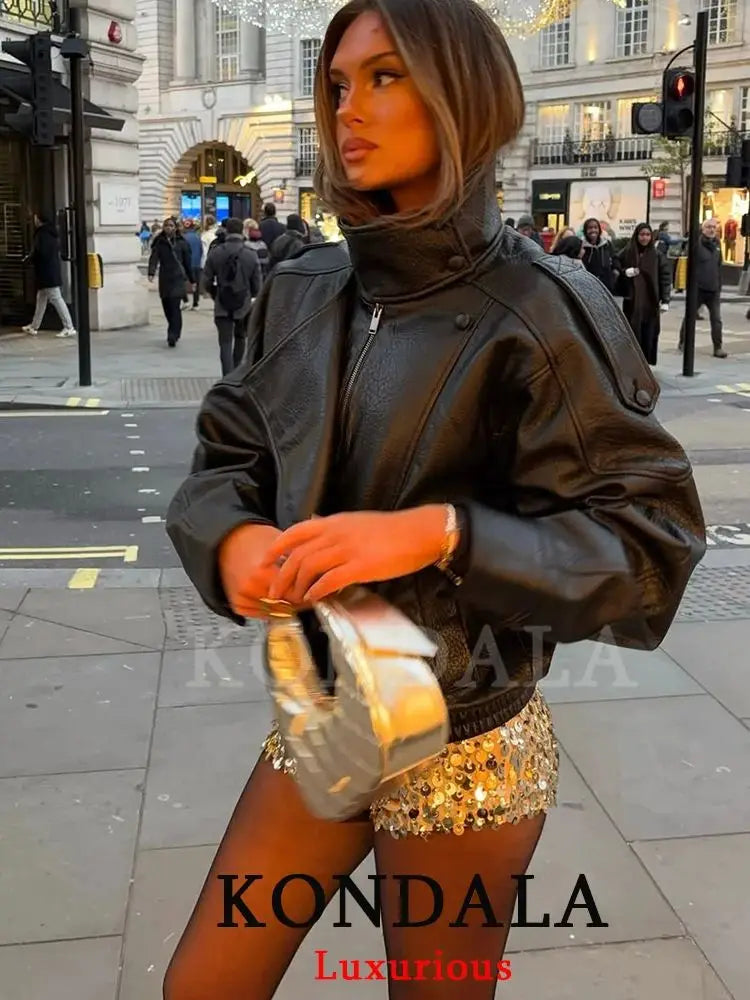 KONDALA Casual Chic Black Leather Jackets Women Long Sleeve Buttons Elastic Oversized Coats Fashion 2026 Spring Streetwear Coats