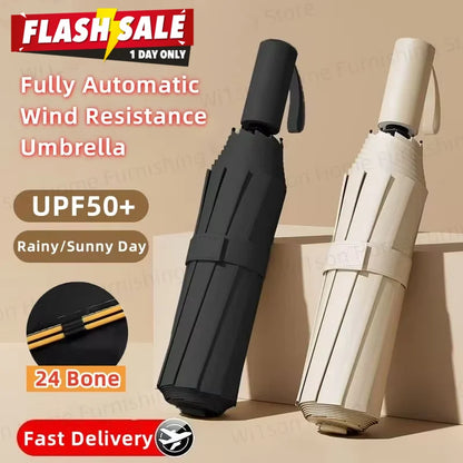 Fully Automatic Folding Umbrella 24 Bone Double Bone SPF 50 UV Protection Rain Resistance Strong Wind Resitance Umbrella