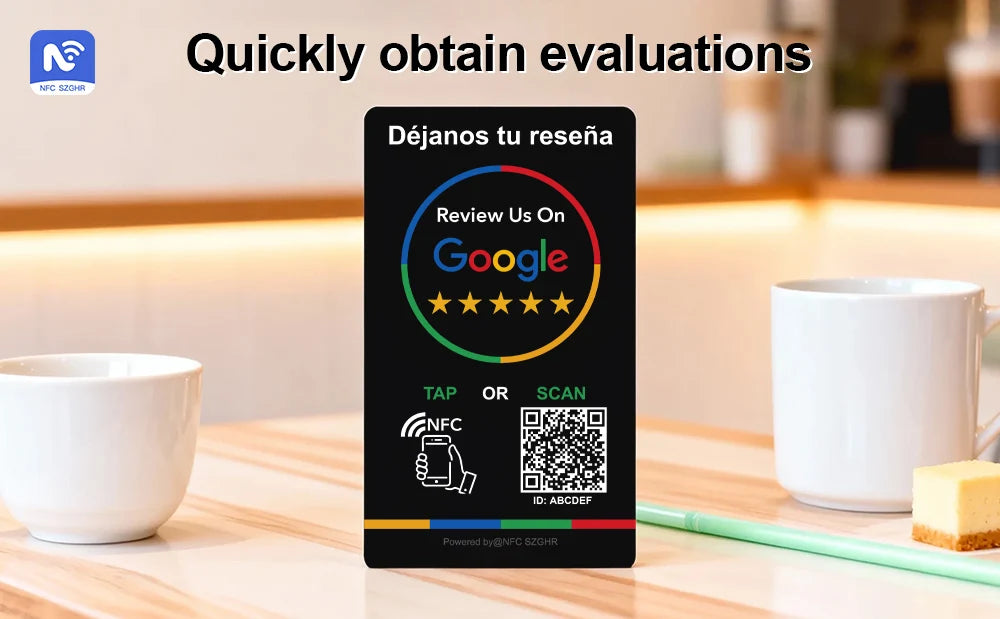 Spanish English QR code NFC Standing Sign Google review NFC215 Review Stand Click URL Unlimited Modification Editing QR Codes