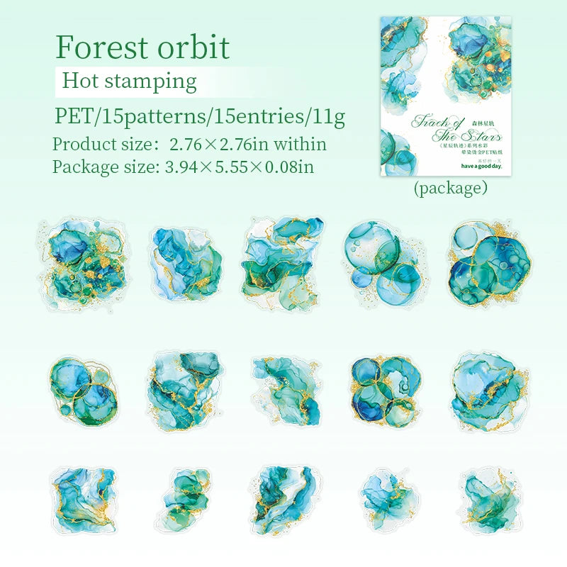 15 Pcs Creative Watercolor smudging hot stamping Stickers hand tent DIY Stick Labels Scrapbooking Material Junk Journal Supplies