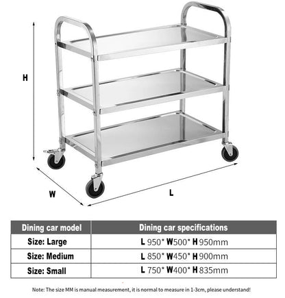 Stainless Steel Cart with Thickened Three Layers- Kitchen Utility Cart for Serving  Collecting Dishes Multi-functional Trolley