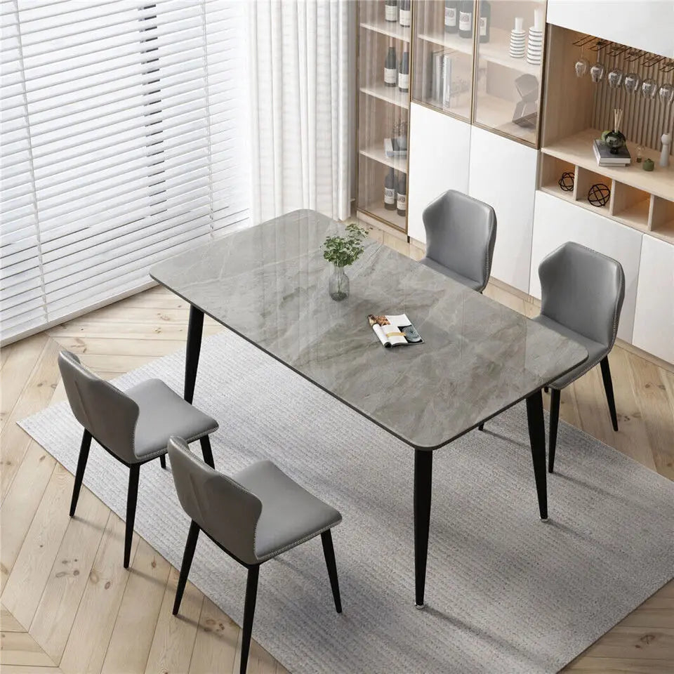 High Gloss 4-6 Seat Rectangular Marble Dining Table for Kitchen Island Restaurant Lunch Dinner Table Metal Frame