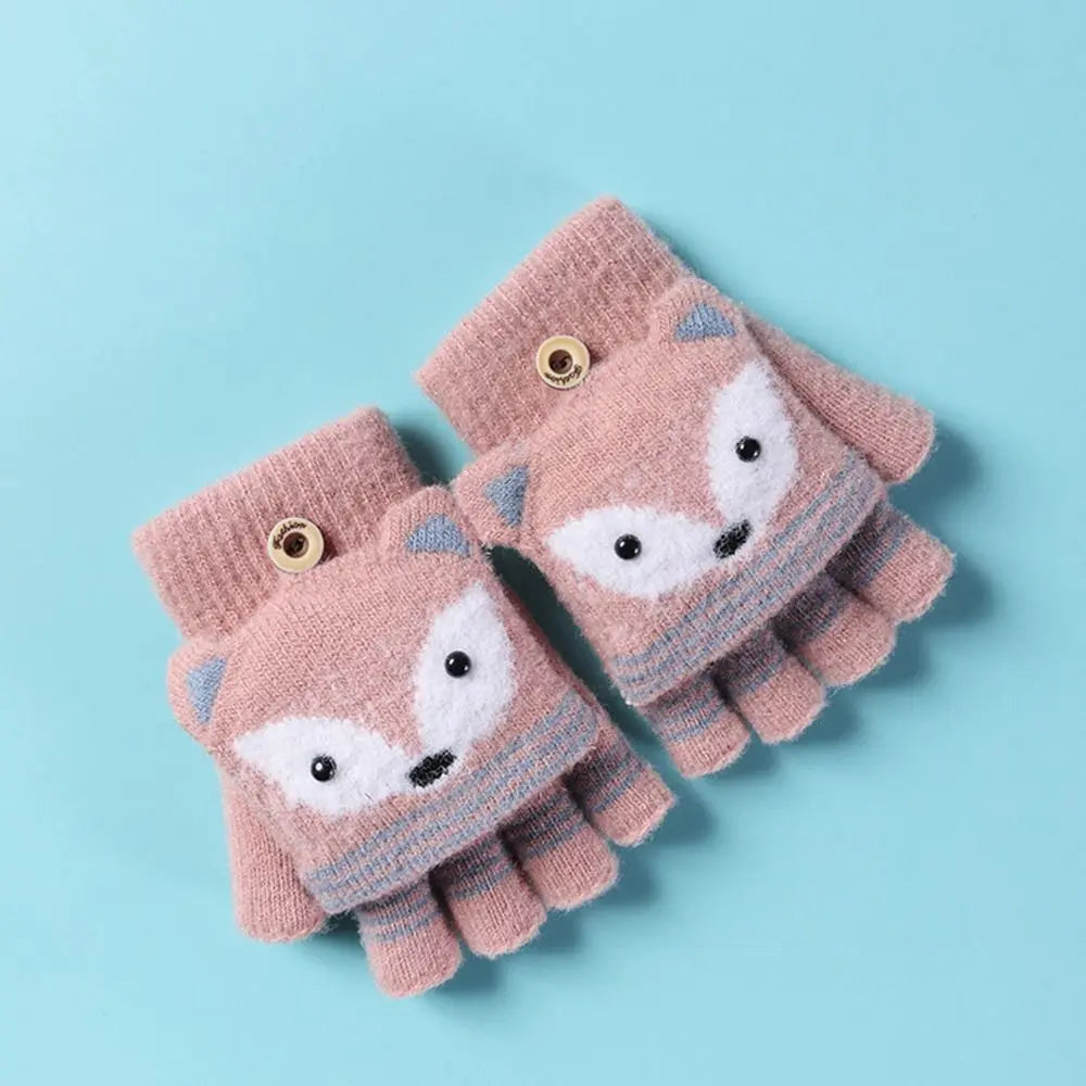 Flip Fingerless Gloves Autumn Winter Children Knitted Gloves Cute Cartoon Fox Warm Half-Finger Gloves