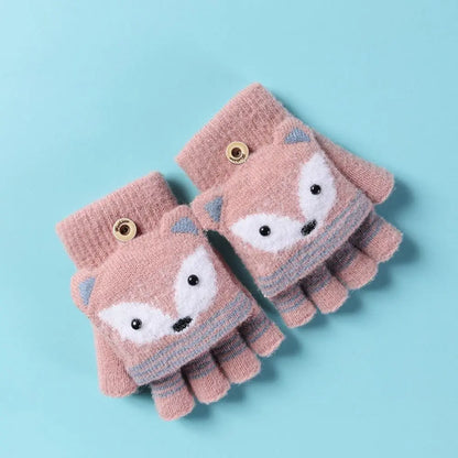 Flip Fingerless Gloves Autumn Winter Children Knitted Gloves Cute Cartoon Fox Warm Half-Finger Gloves