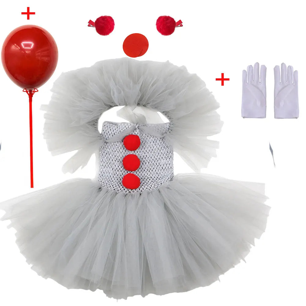 80s 90s Clown Tutu Dress with Gloves Hair Pin Pennywise Role Play Joker Costume Halloween Creature It Cosplay Girls Doll Cosplay