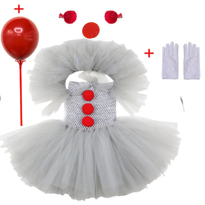 80s 90s Clown Tutu Dress with Gloves Hair Pin Pennywise Role Play Joker Costume Halloween Creature It Cosplay Girls Doll Cosplay