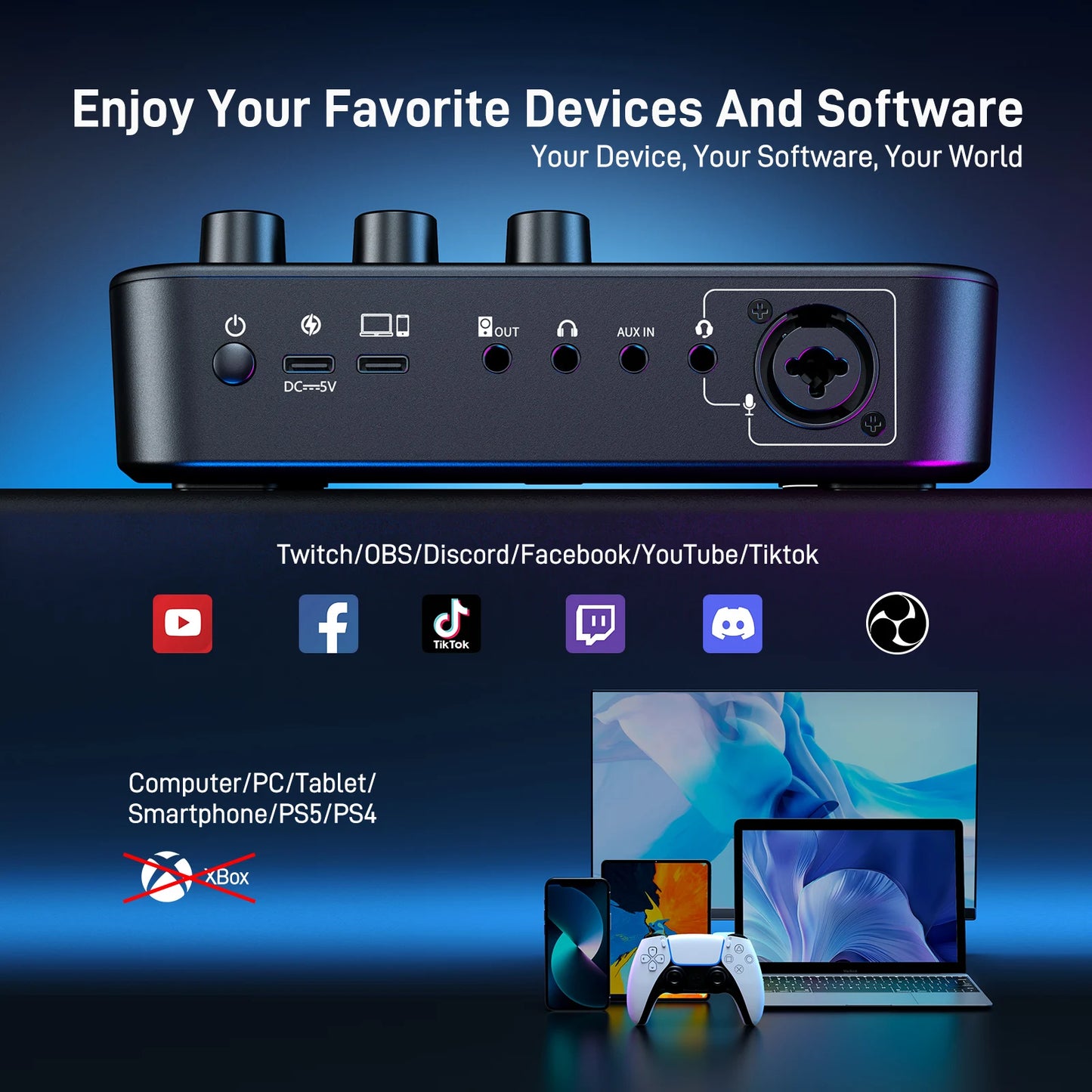 MAONO G1 NEO Gaming Audio Mixer,Custom Sound Effects RGB Streaming with XLR Microphone Audio Interface,for Game Voice,Podcast