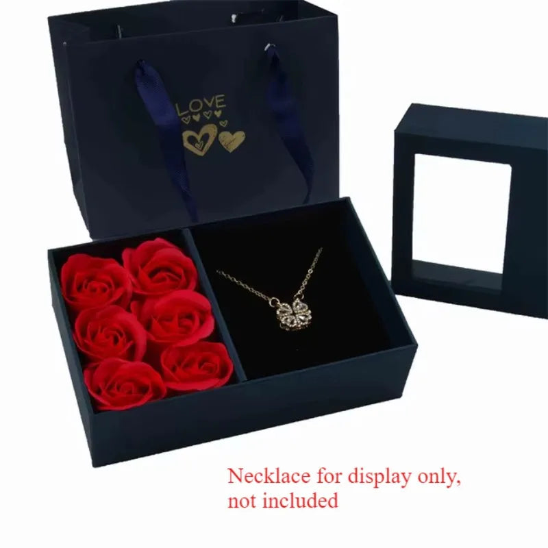 Valentine's Day Window Opening Jewelry Box Heart Four-leaf Clover Pendant Gift Packaging Box Bag Romantic 6 Rose Box