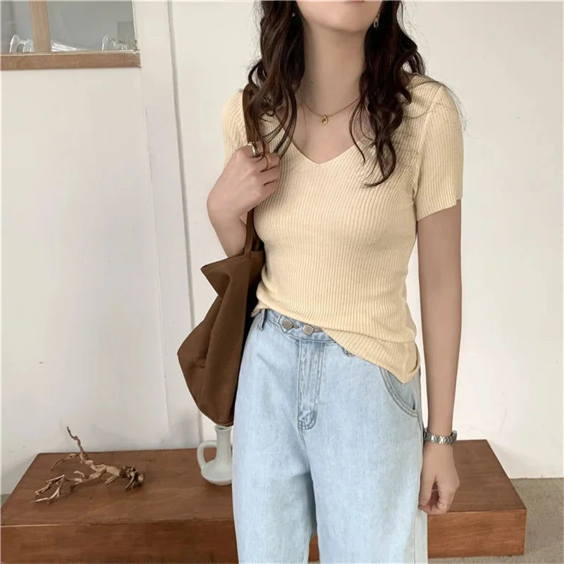 Basic V-neck Solid Thin Summer Pullover Women Female Knitted Ribbed Sweater Slim Short Sleeve Bodycon Sweater