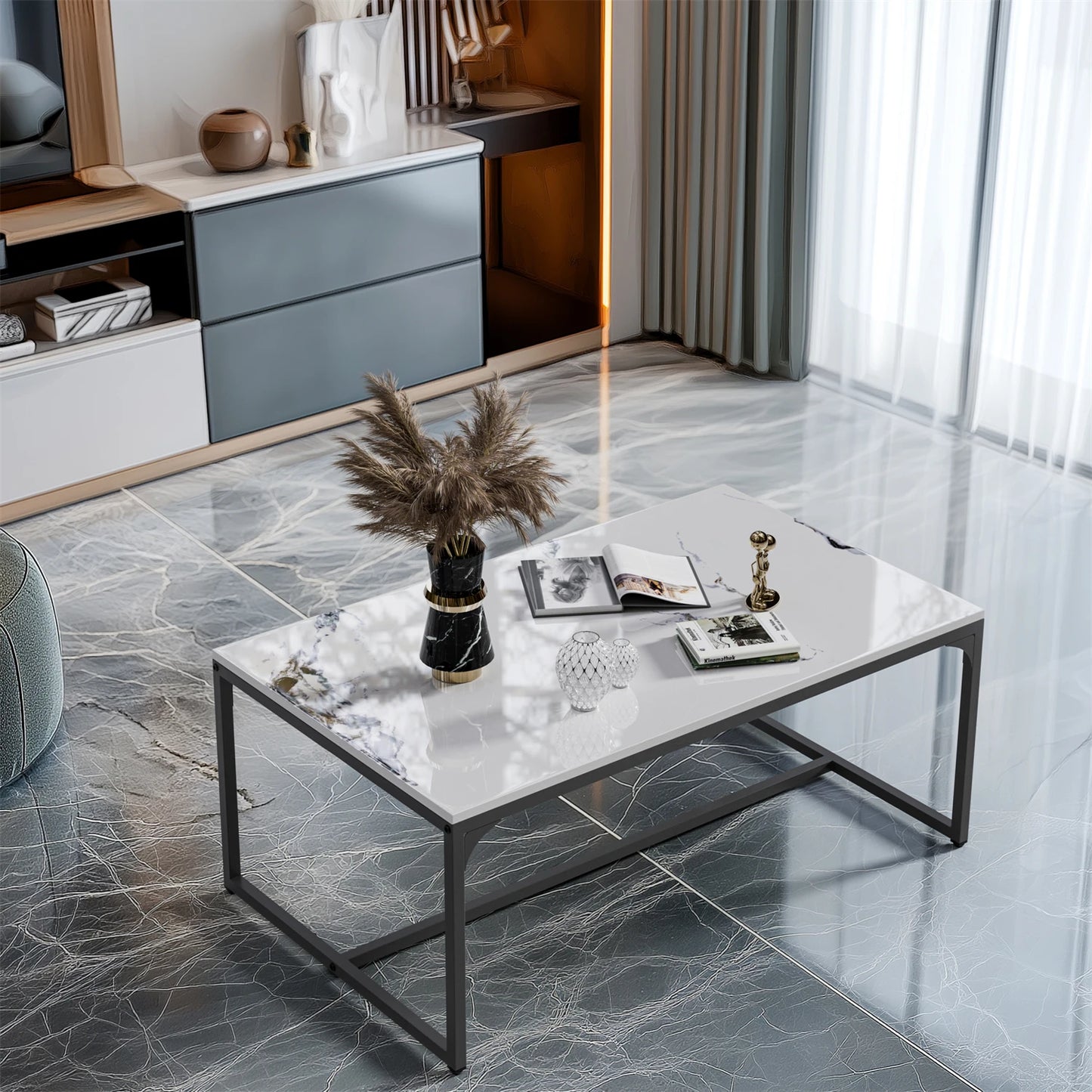 Rechteckiger Couchtisch mit Tuschemalerei-Textur, moderner Chic, Beistelltisch neben dem Sofa, Tischplatte aus Sinterstein, Aluminiumgestell