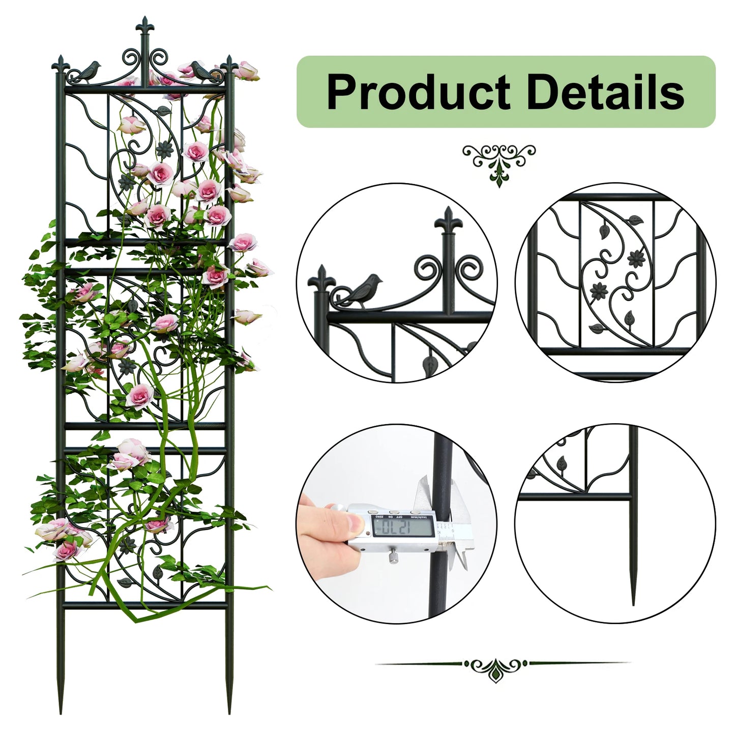 Thick Metal Garden Trellis, Bird Leaf Grid Panel Fence, Climbing Planter Support Frame, 2pcs