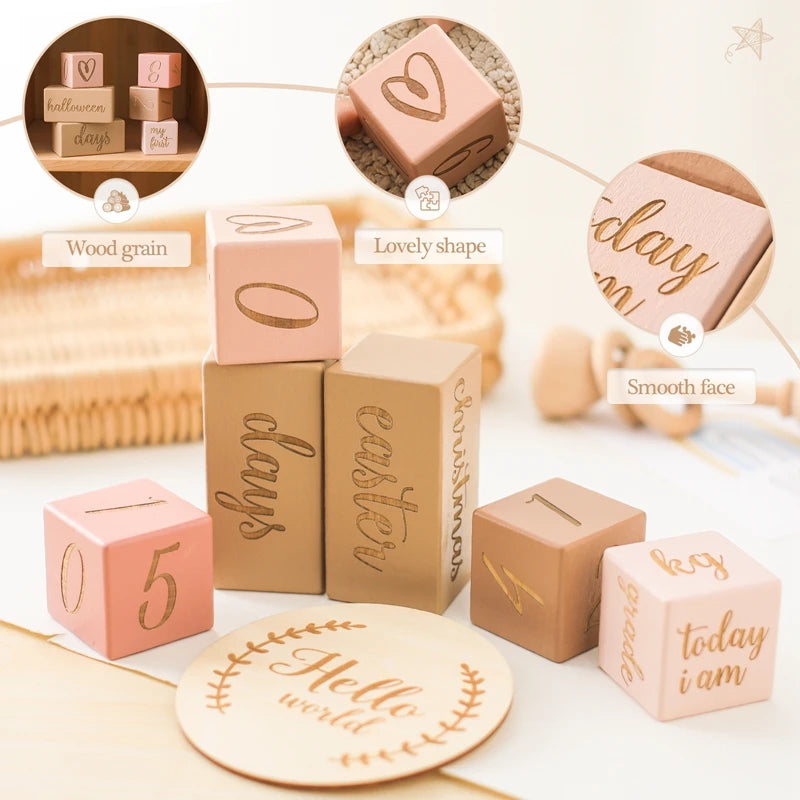 Baby Wooden Milestone Blocks 0-12 Months Newborn Birth Grow up High Quality Commemorate Props Infant Photography Accessoriees