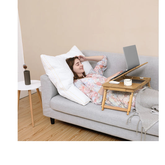 SONGMICS Bamboo Laptop Desk, Foldable Bed Table, Height Adjustable Sofa Tray, with 5 Tilting Angles, Air Holes, Small Drawer