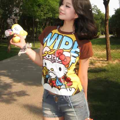 Sanrio Hello Kitty New Anime Fashion Short Tops Y2k Summer Cute Tees Cartoon Printed High Street Gothic Short Sleeve T-shirts
