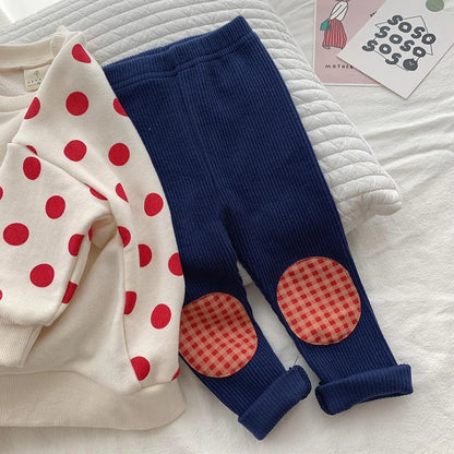 Kids Colorful Plaid Patched Feature Design Cute Warm Long Leggings Suitable Little Baby Trendy and Comfortable Clothing Matching