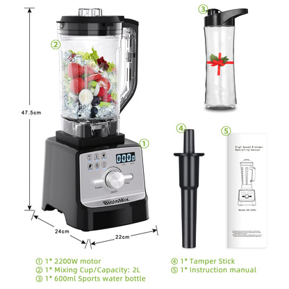 BioloMix Professional Blender Smoothie Mixer with 2L BPA Free Pitcher, Smart Timer And Pre-programed Peak 2200W Power Mixer