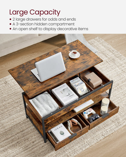 VASAGLE Lift Top Coffee Table, Living Room Table, with Storage Drawers, Hidden Compartments, and Open Shelf