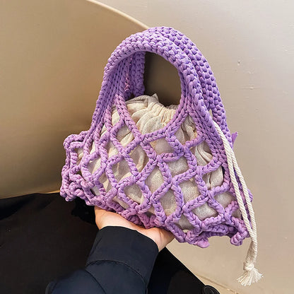 Summer Cotton Thread Woven Handbag Women Crochet Beach Bag Hollow Out Knitting Mini Top-Handle Bag Straw Mesh Boho Wristlet Bags
