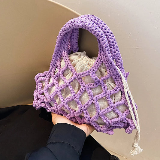 Summer Cotton Thread Woven Handbag Women Crochet Beach Bag Hollow Out Knitting Mini Top-Handle Bag Straw Mesh Boho Wristlet Bags