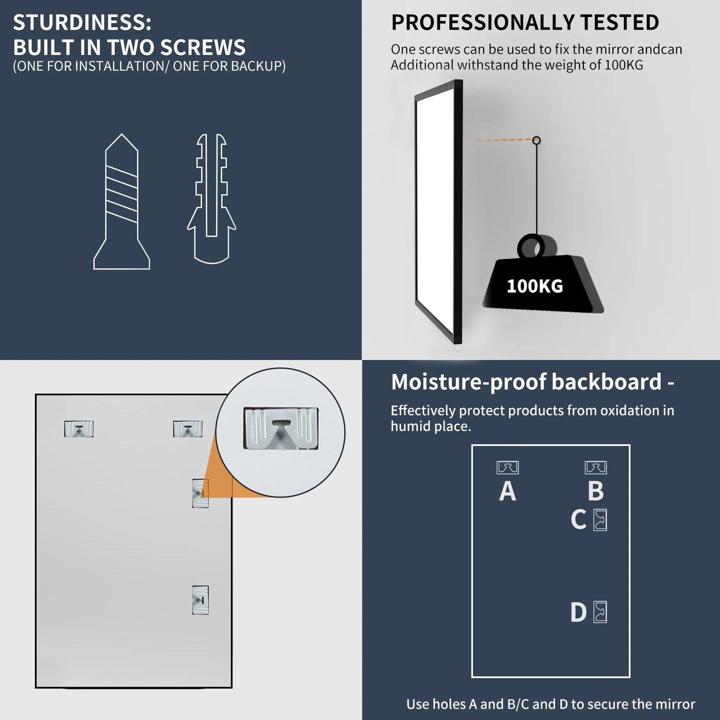 60x90CM Rectangular Wall Mounted Mirror Bathroom Bedroom Makeup Dressing Mirror Black Framed Horizontal or Vertical