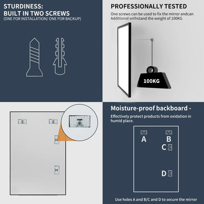 60x90CM Rectangular Wall Mounted Mirror Bathroom Bedroom Makeup Dressing Mirror Black Framed Horizontal or Vertical