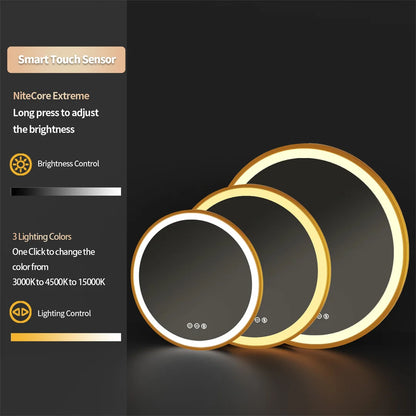 LUVODI 24 Inch Gold Frame Round Bathroom Mirror with Lights Illuminate Wall Vanity Mirror 3 Color Dimmable Anti-Fog Smart Mirror