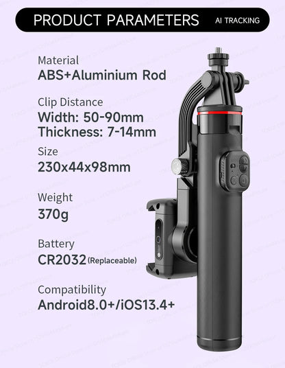 C22 AI Face Tracking Handheld Gimbal Stabiliser 360° Rotation Shoot Selfie Stick Tripod for Mobile Phone, 1/4'' Screw for Camera