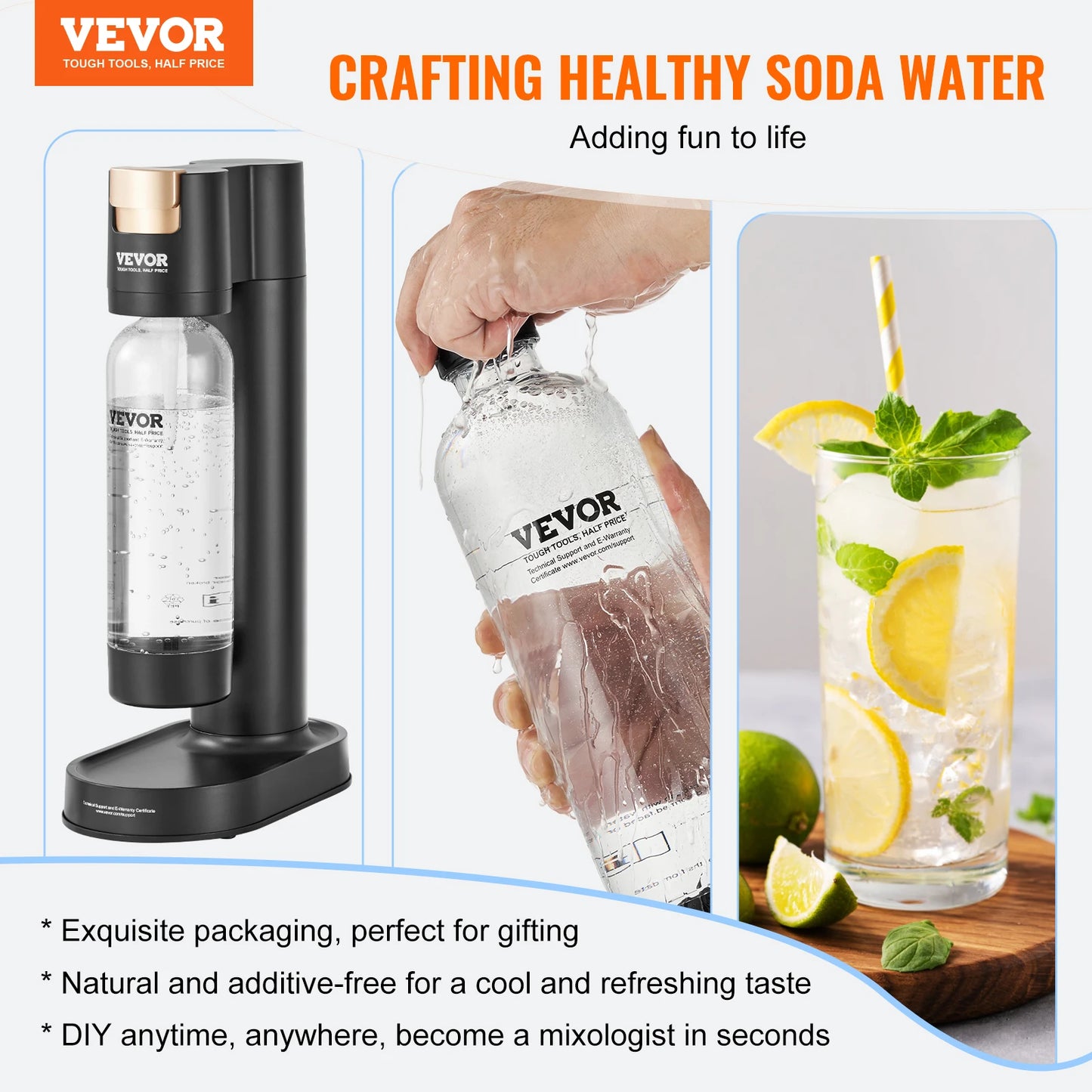 VEVOR Sparkling Water Maker Soda Machine for Home Carbonating Seltzer Water Starter Kit w/ Mainstream Screw-in 60L CO2 Cylinder