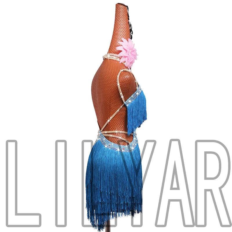 New professional Latin dance competition performance dress with sea blue tassel short open waist sparkling diamond dance skirt