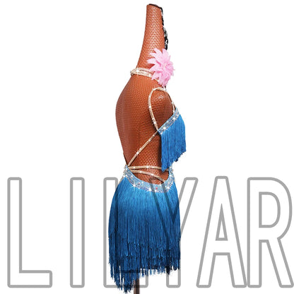New professional Latin dance competition performance dress with sea blue tassel short open waist sparkling diamond dance skirt