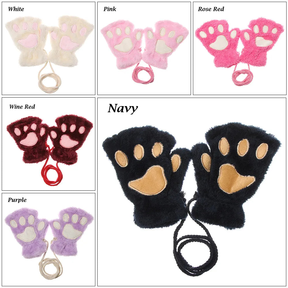 1Pair Winter Fluffy Cat Paw Children Gloves Cute Fingerless Warm Plush Mittens Fashion Warm Lovely Gloves for Girls 9 Colors