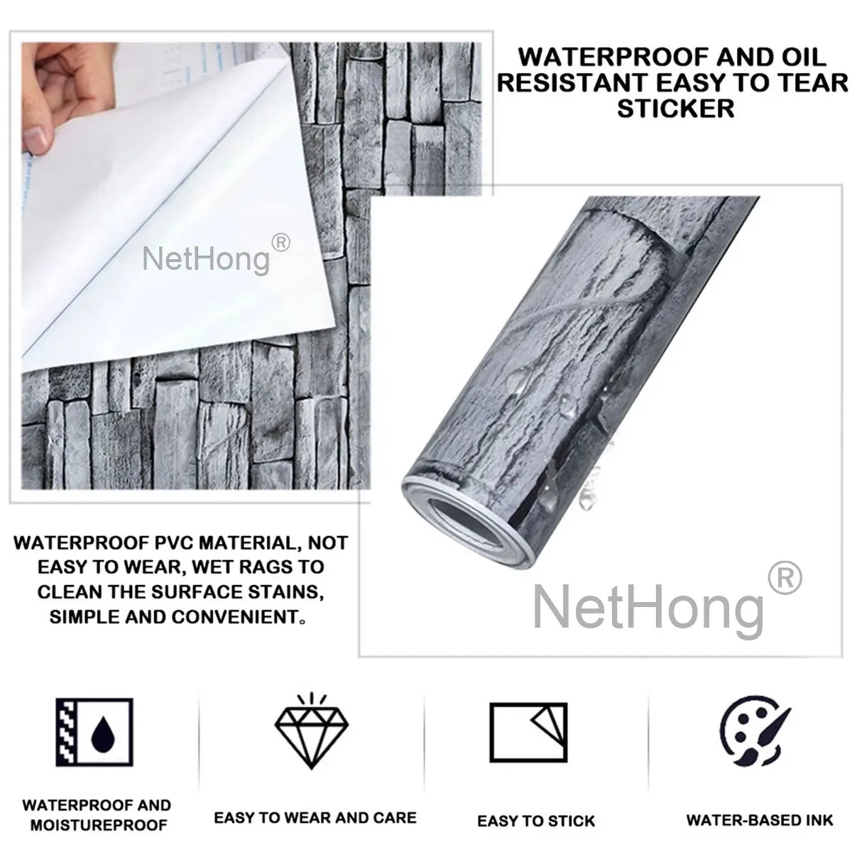 6M 3D Gray Stone Brick Effect Wallpaper Vinyl Self Adhesive Wall Stickers