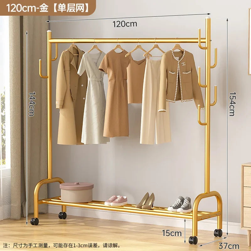 Aesthetic Golden Clothes Rack Metal Balcony Nordic Wheels Clothes Rack Floor Bedroom Burro Ropa Perchero Hallway Furniture