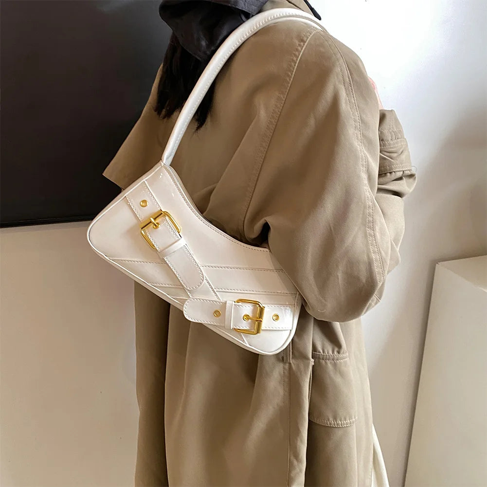 MOJOYCE Small Belt Design Glossy Patent Leather Shoulder Bags Women Luxury Brand Tote Handbag Y2K Underarm Bag with Inner Pocket