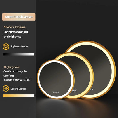 Bathroom Mirror with LED 60/80cm Round Illuminated Wall Mirror Aluminum Gold Frame Anti-fog 3 Lighting Color Memory Function