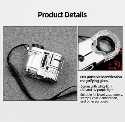 60X Handheld Magnifying Glass Mini Pocket UV Magnifier Portable Jeweler Microscope Loupe With LED Light
