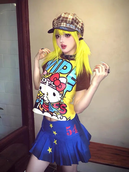 Y2K Sanrio Hello Kitty New Anime Fashion Short Tops Summer Cute Tees Cartoon Printed High Street Gothic Short Hottie T-shirts