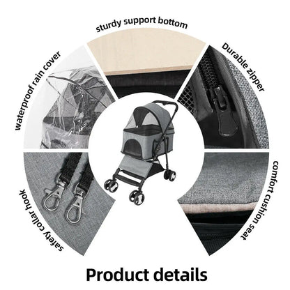 Large 4 Wheel Dog Carrier Trailer, Pram with Mesh Windows, Outdoor Portable Puppy Travel Walk Carrier, Load 30kg